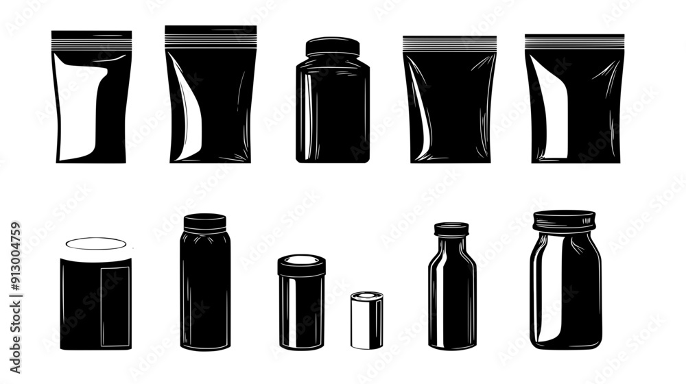 Fototapeta premium Packaging types such as pouches, rectangular boxes, and cylindrical containers for confectionery items, vector illustration art