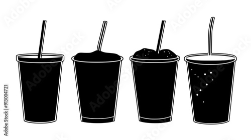 Four cups with various liquids and straws in a neat row, vector illustration art