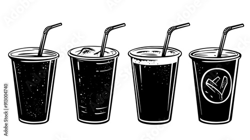 Four cups with various liquids and straws in a neat row, vector illustration art