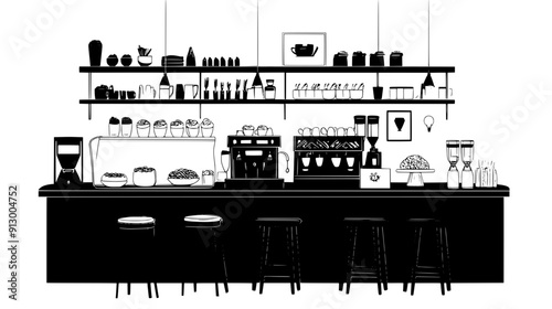 Interior scene with tables, pastries, bread loaves, and coffee machines behind the counter, vector illustration art