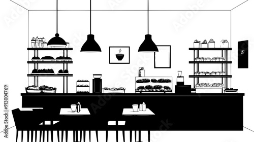 Cafe with tables set for serving pastries and coffee, and a bakery display, vector illustration art
