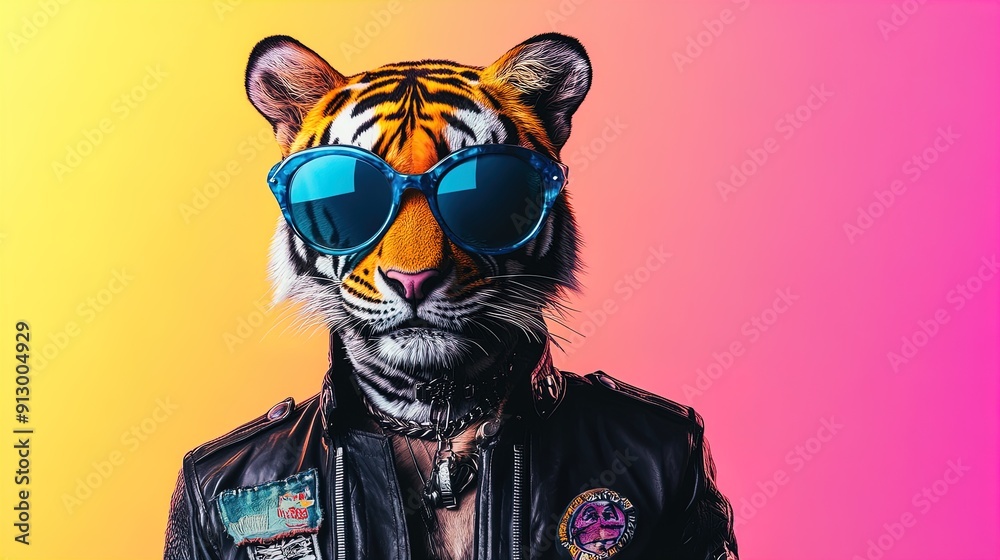 Fototapeta premium Vibrant Surreal Tiger Portrait: Edgy Humanoid Character in Trendy Fashion - Perfect as a Sporty Poster for Creative Spaces!