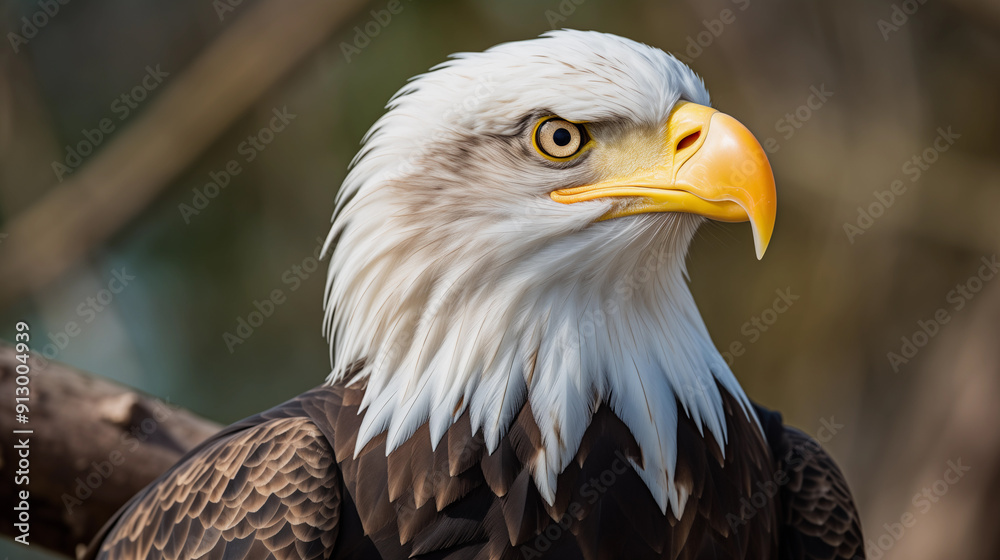 Fototapeta premium A bald eagle is perched on a branch
