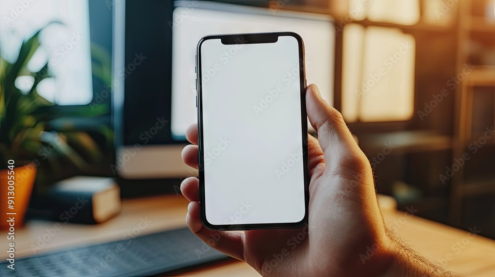 Blank screen mobile phone in a man hand, ideal for advertising, on a modern home office desk. Blank screen mobile phone in a man hand, ideal for advertising, on a modern home office desk.