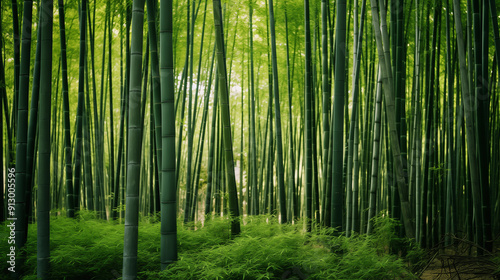 A lush green forest with tall bamboo trees