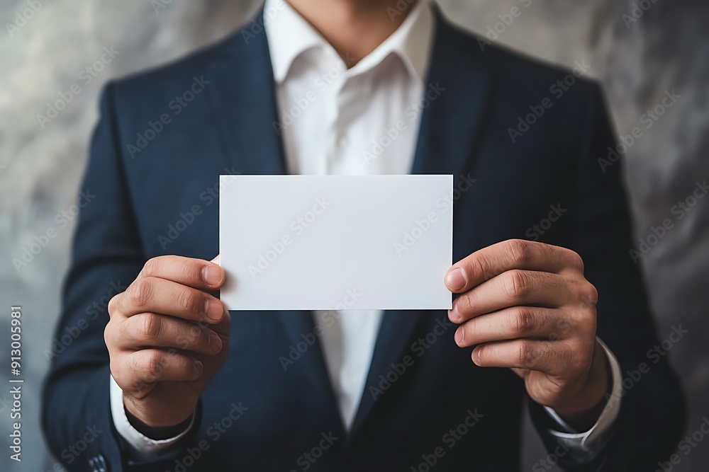A close-up shot of a man in a suit holding an empty white note, perfect for text and message mockups A close-up shot of a man in a suit holding an empty white note, perfect for text and message mockups