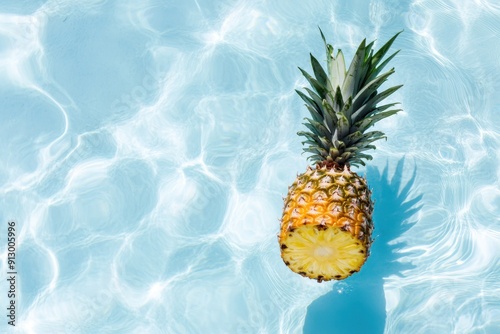 Tropical pineapple floating in pool summer sun