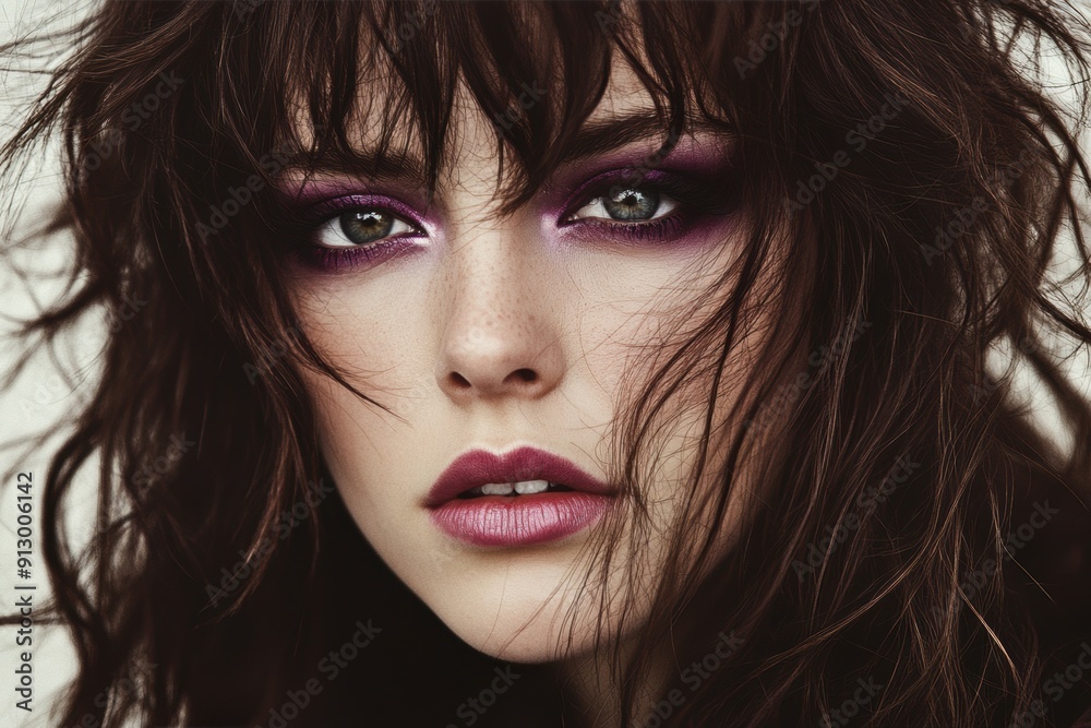 Intense gaze, woman with dark wavy hair purple eyeshadow Intense gaze, woman with dark wavy hair purple eyeshadow