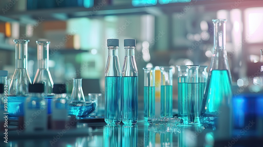 Chemical tubes and pharmacy instruments arranged in a lab. Great for biochemistry and research technology visuals.