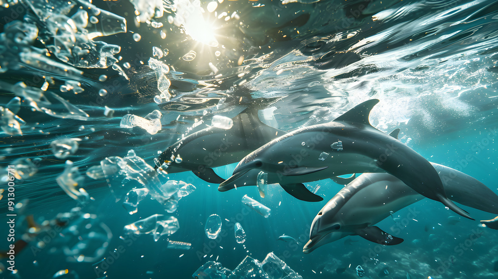 A pod of dolphins playing in sparkling and sunlit waters. The silent menace of drifting plastic waste. A pod of dolphins playing in sparkling and sunlit waters. The silent menace of drifting plastic waste.