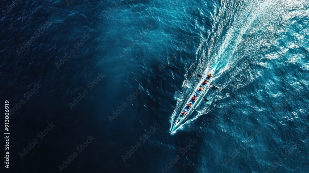 Aerial drone top ultra wide panoramic view of sport canoe rowing ...