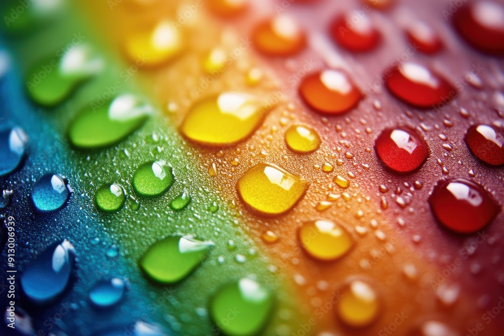 Vibrant rainbow water droplets on surface Vibrant rainbow water droplets on surface