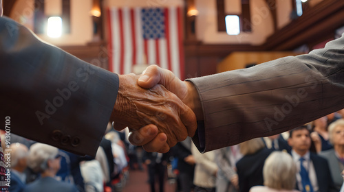 A politician and constituent shaking hands at a town hall meeting 