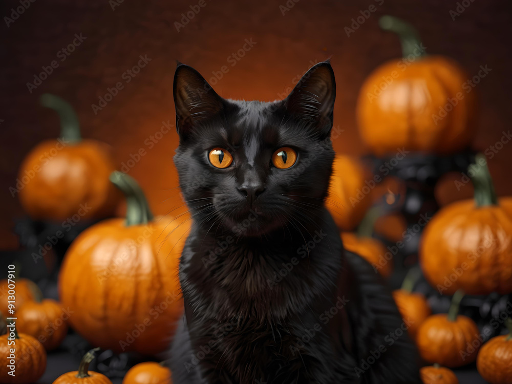 Adorable black cat on orange background in Halloween theme, perfect for holiday decoration