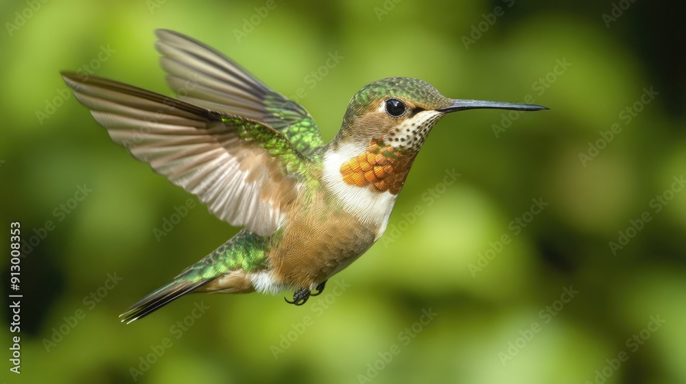 Obraz premium Close-up shot of a hummingbird in mid-flight, highlighting its delicate features in Chile wild environment.