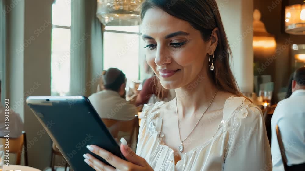 A woman in a restaurant holds a tablet with graphs and data displayed on the screen.
Concept: Data analysis, business management A woman in a restaurant holds a tablet with graphs and data displayed on the screen.
Concept: Data analysis, business management