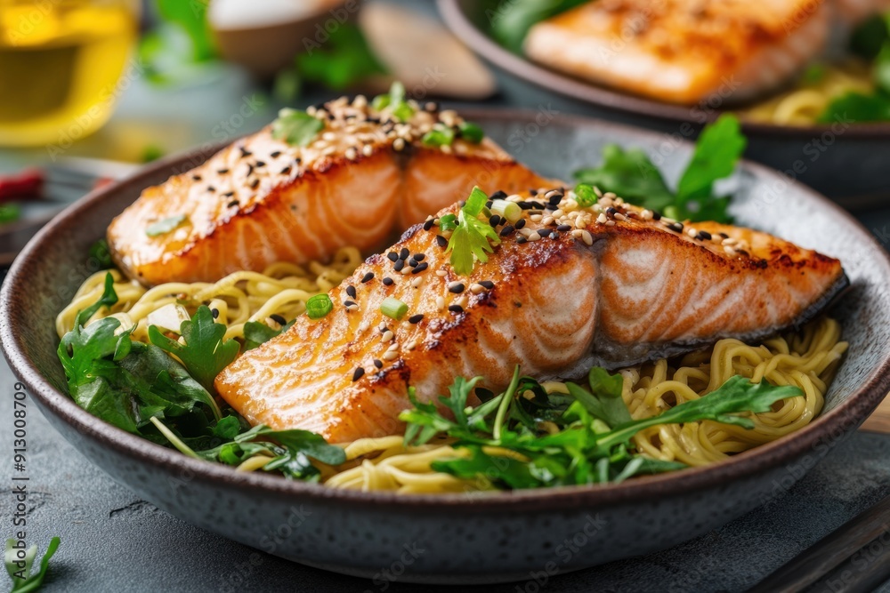 Grilled salmon fillets on bed of noodles with fresh herbs Grilled salmon fillets on bed of noodles with fresh herbs