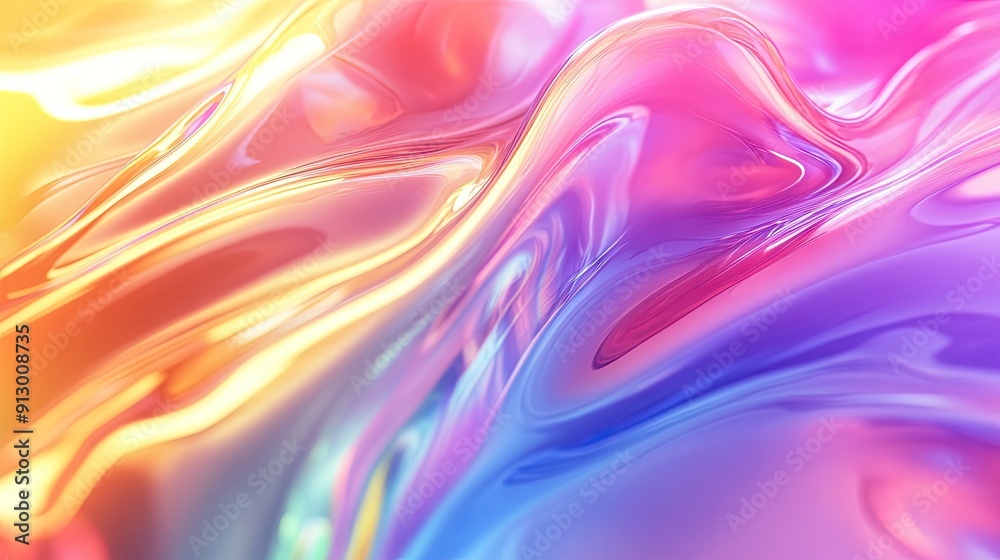 Colorful gradient 3D background with bright glass and fluid wave render textures.