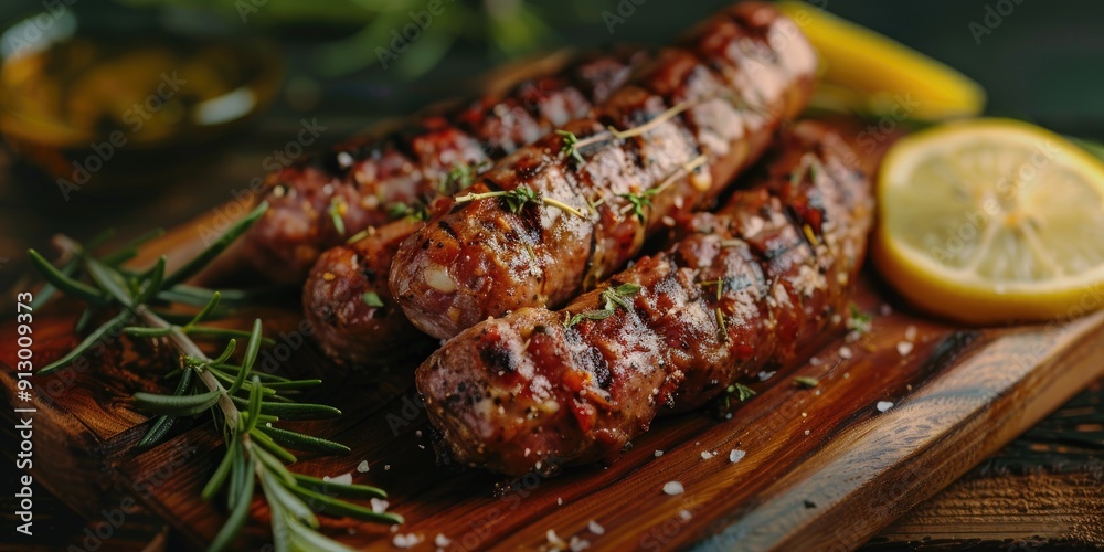 Tuscan sausage and lemon slice on a wooden board Traditional Brazilian savory barbecue Tuscan sausage and lemon slice on a wooden board Traditional Brazilian savory barbecue