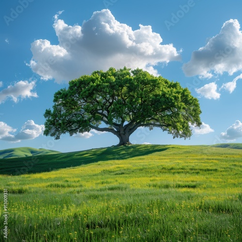 Lone tree in a field of green grass, Nature background