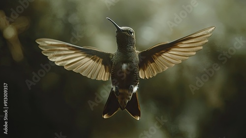 Detailed close-up of a hummingbird wings and body in flight, set in the wilds of Chile. photo