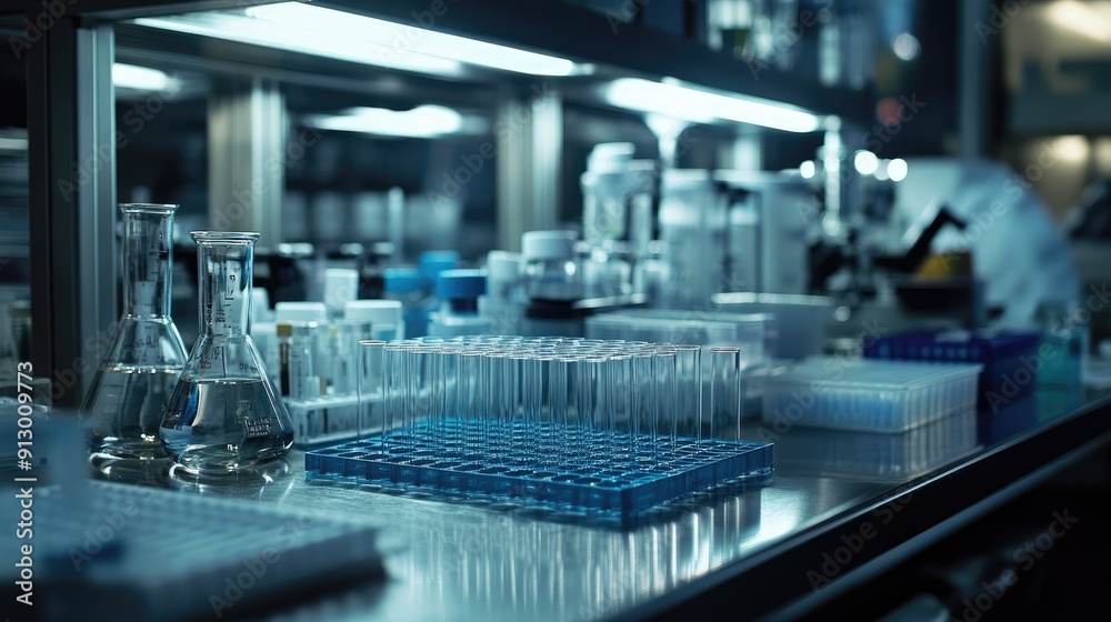 Empty science laboratory test tubes on a sterile bench, surrounded by chemical equipment. Ideal for research purposes. Empty science laboratory test tubes on a sterile bench, surrounded by chemical equipment. Ideal for research purposes.