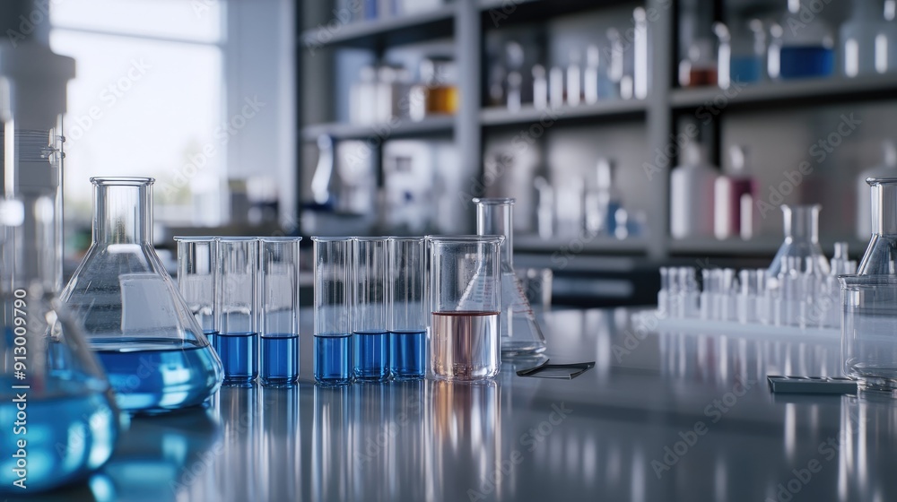Empty test tubes and chemical lab equipment arranged on a clean laboratory counter. Ideal for experimental visuals. Empty test tubes and chemical lab equipment arranged on a clean laboratory counter. Ideal for experimental visuals.