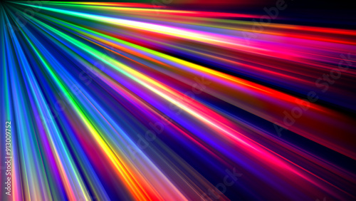 Rainbow gradient dispersion glowing rays and flare effects on dark background. Dynamic design with colorful flowing vibrant radiant beams for creative poster, banner or cover. Vector illustration