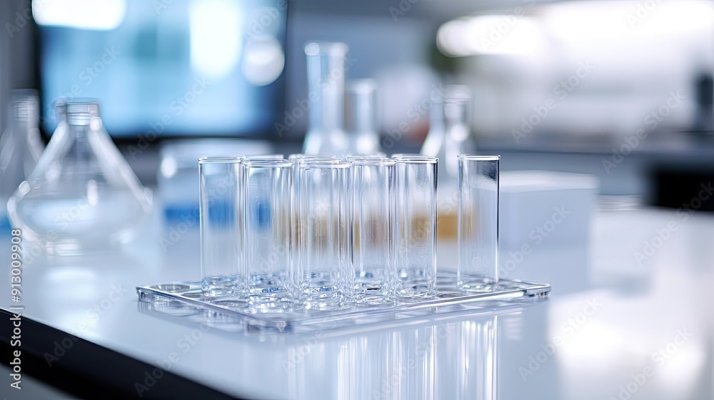 Empty test tubes and laboratory equipment on a sterile lab counter, ready for scientific research. Empty test tubes and laboratory equipment on a sterile lab counter, ready for scientific research.