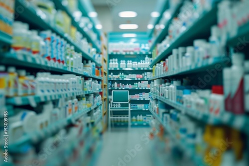 A pharmacy aisle with a green chair in the middle. The aisle is full of medicine and other items