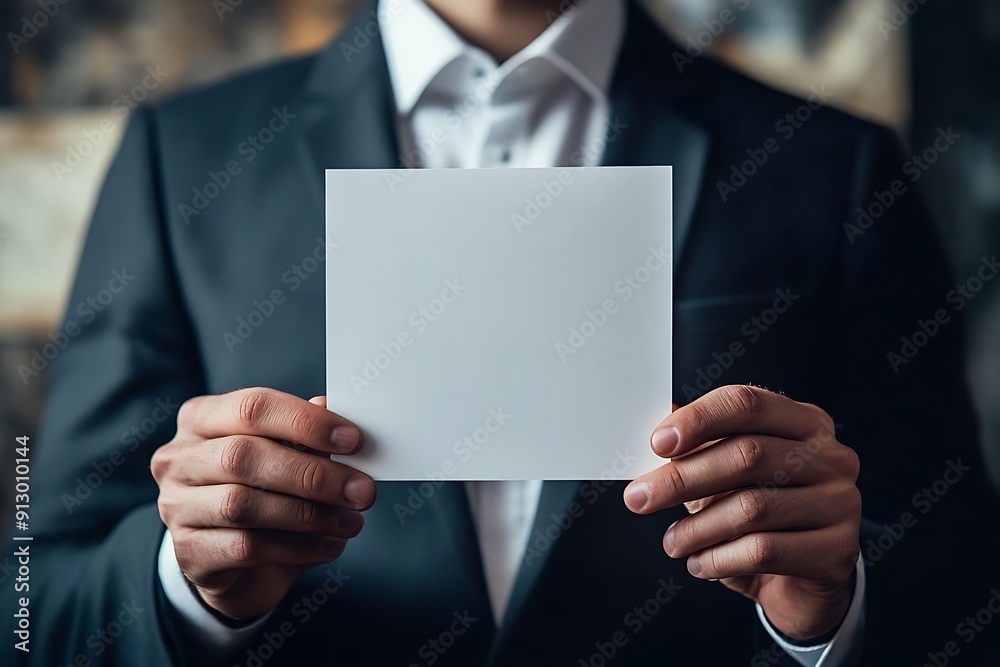 A close-up shot of a man in a suit holding an empty white note, perfect for text and message mockups