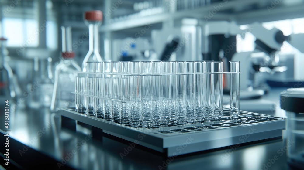 Empty test tubes placed in a laboratory rack, surrounded by chemical lab equipment. Research environment. - Empty test tubes placed in a laboratory rack, surrounded by chemical lab equipment. Research environment. -