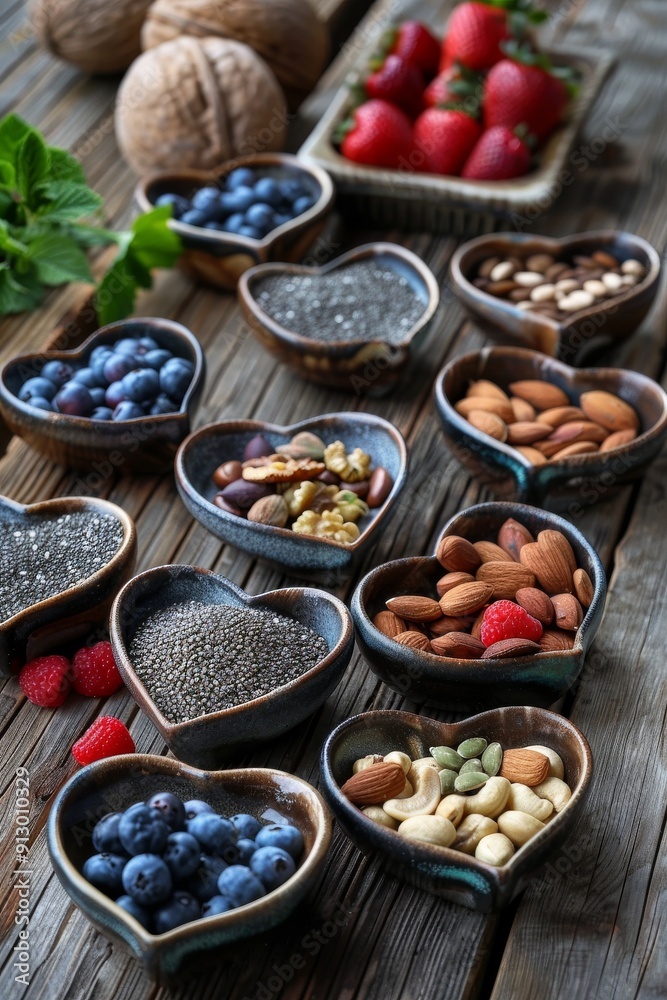Delightful tableau of heart-shaped dishes filled with superfoods fruits, wholesome nuts Delightful tableau of heart-shaped dishes filled with superfoods fruits, wholesome nuts