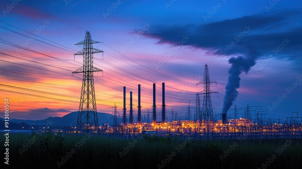 Dusk view of a power plant, capturing the essential infrastructure of energy production against a twilight sky. Dusk view of a power plant, capturing the essential infrastructure of energy production against a twilight sky.
