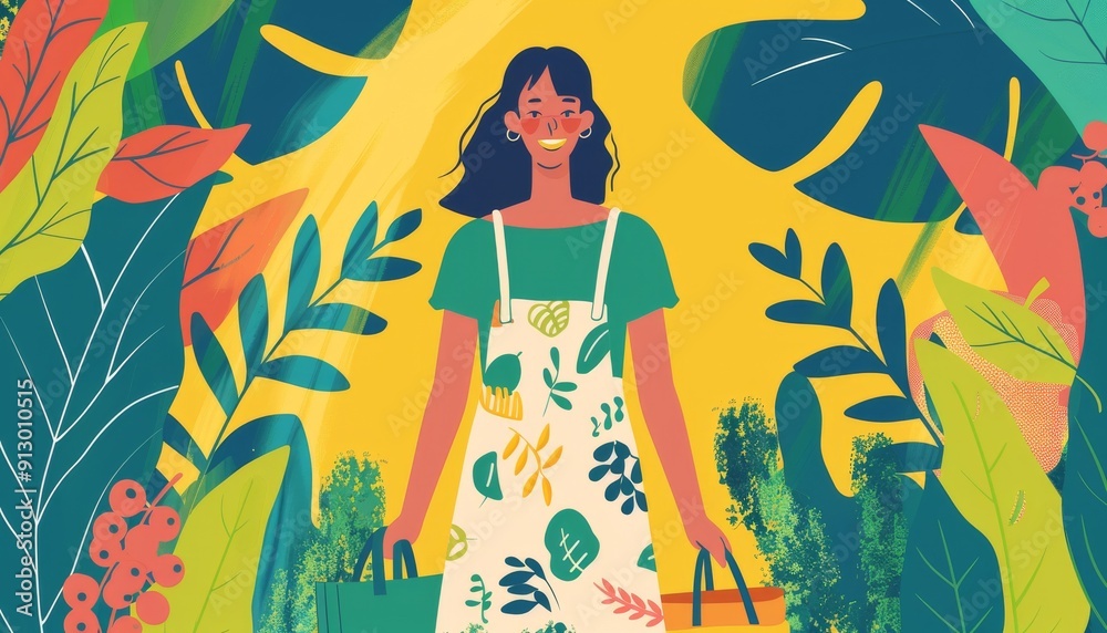 Vibrant vector illustration of a stylish young girl using an eco bag for shopping at the store Vibrant vector illustration of a stylish young girl using an eco bag for shopping at the store