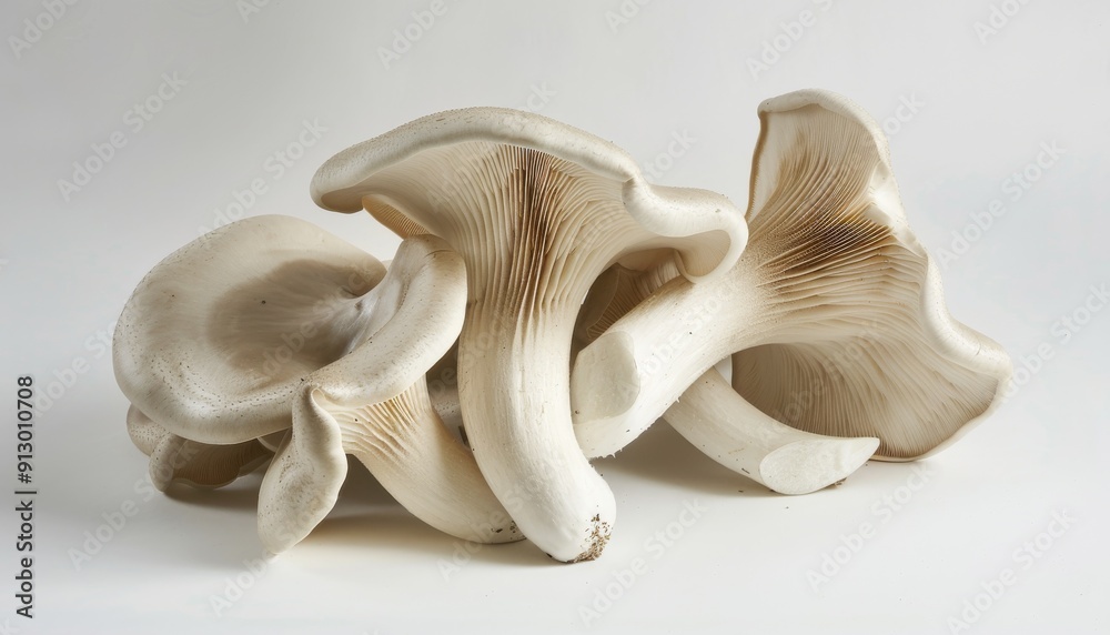Fototapeta premium Beauty of fresh Pleurotus mushrooms on a clean white background, highlighting their role vegetarian