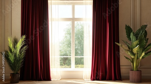 Elegant room with luxurious deep maroon velvet curtains framing a bright  sunlit window.