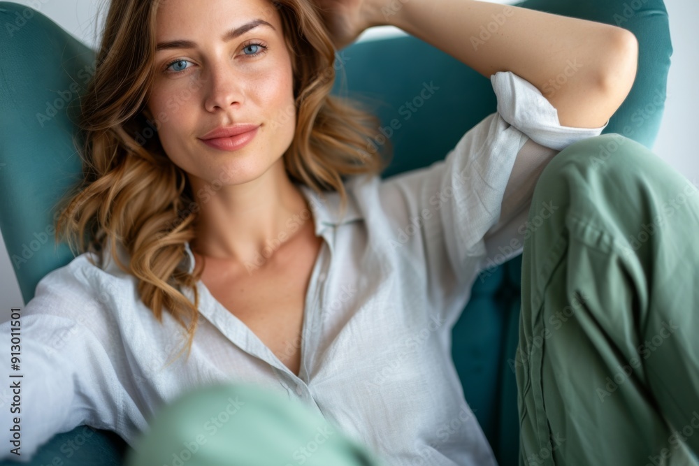 Fototapeta premium A woman is sitting in a chair with her arms crossed and a smile on her face. She is wearing a white shirt and green pants