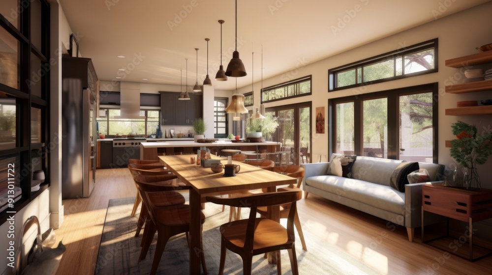 Fototapeta premium Modern Kitchen and Dining Room with a View