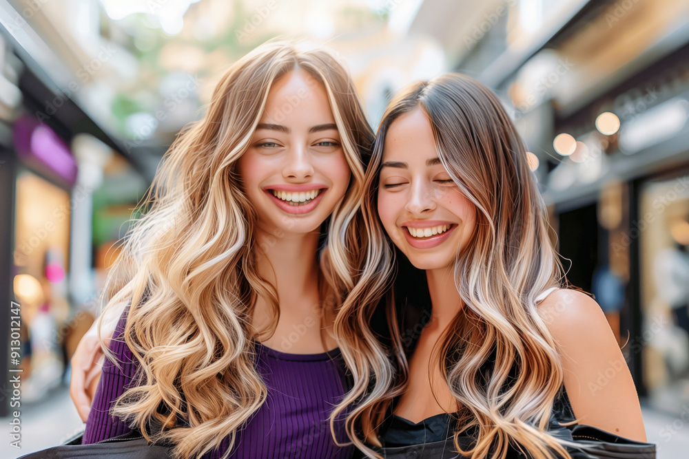 Two women with long hair and purple streaks are smiling for the camera Two women with long hair and purple streaks are smiling for the camera