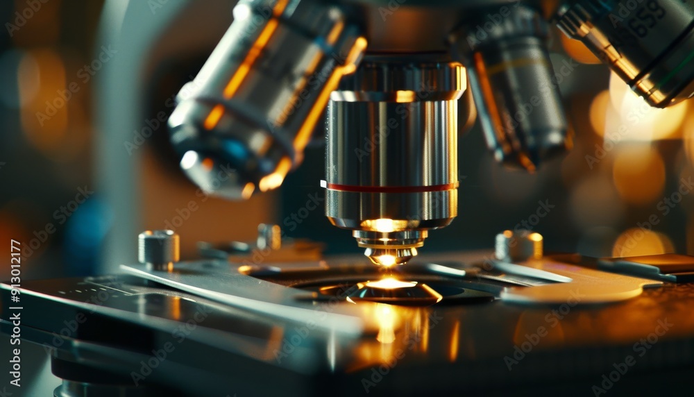 Explore the world of microscopy with a stunning close-up shot showcasing a microscope's metal lens Explore the world of microscopy with a stunning close-up shot showcasing a microscope's metal lens