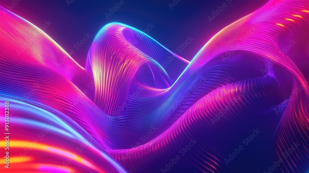 Glowing 3D abstract shape in UV light with neon curves on a colorful background. Great for energy concept visuals. -