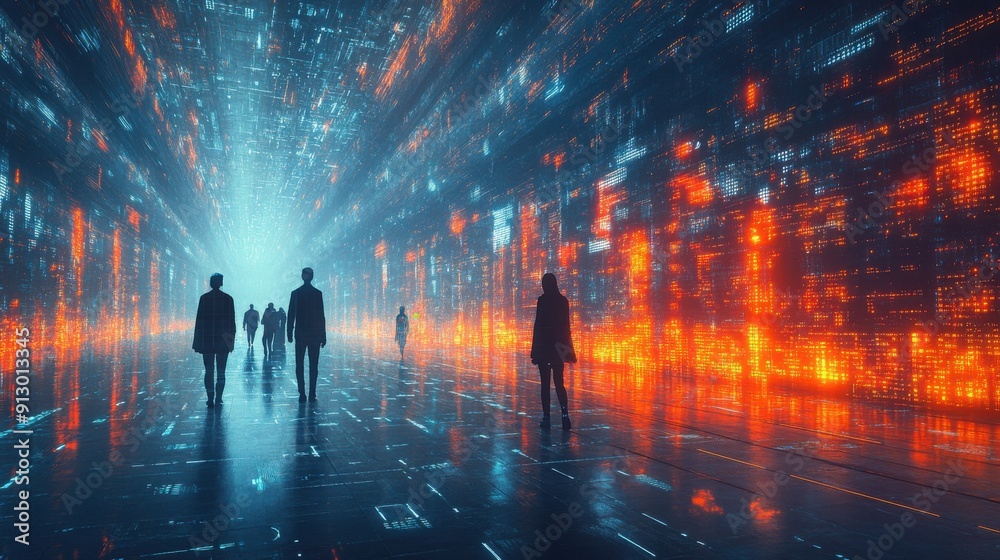 Silhouetted figures walk through a high-tech corridor with illuminated digital displays on the walls.
Silhouetted figures walk through a high-tech corridor with illuminated digital displays on the walls.