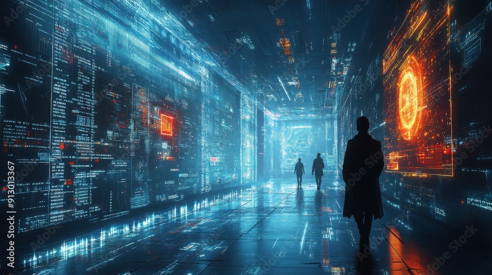 Fototapeta premium A high-tech corridor with illuminated digital displays and silhouettes of people walking.