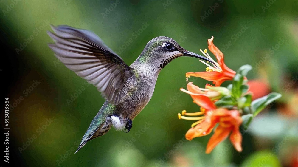 Fototapeta premium Hummingbird feeding on nectar, extreme close-up capturing its delicate features in the wild of Chile.