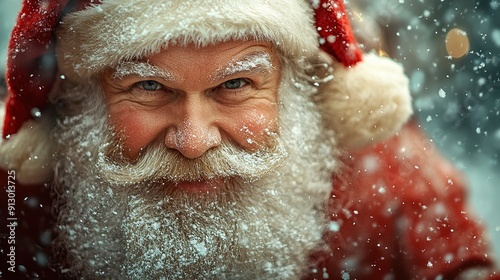 Smiling Caucasian Santa Claus in snow, wearing a festive red suit and white beard.