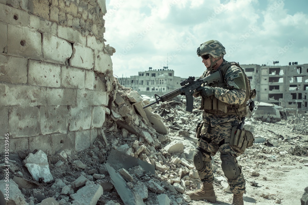 Fototapeta premium Soldier in tactical gear standing near ruined wall