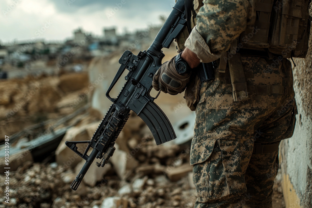 Soldier holding rifle in urban rubble landscape Soldier holding rifle in urban rubble landscape