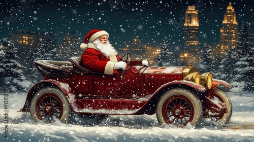 Santa Claus driving a vintage car through a snowy landscape at night.