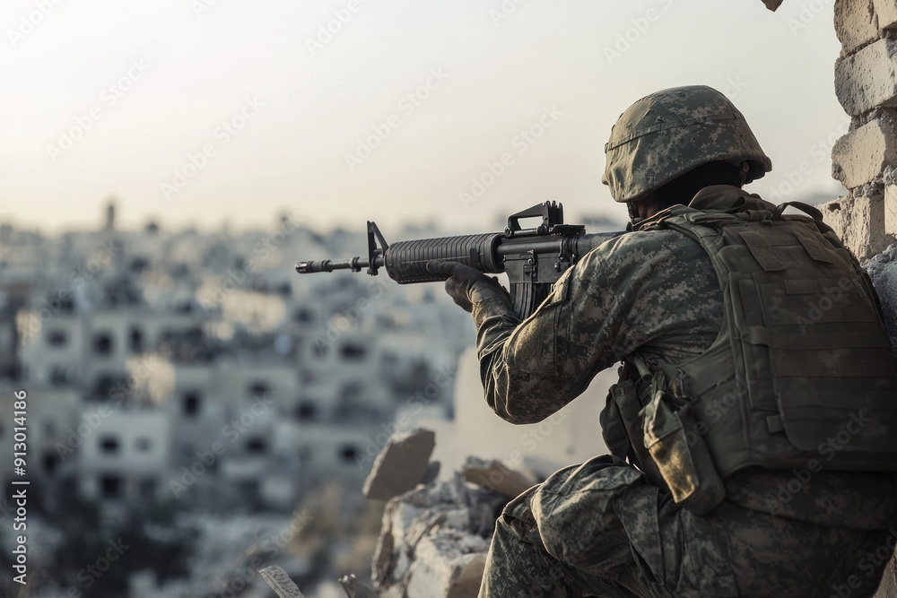 Fototapeta premium Sniper in camouflage aiming rifle from war-torn window
